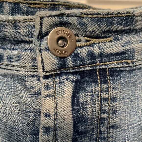 Y2K Stone Jeans Denim Midi Skirt Size 15 Fit 14/16 Back Slit Embroidered Pocket - Picture 4 of 9